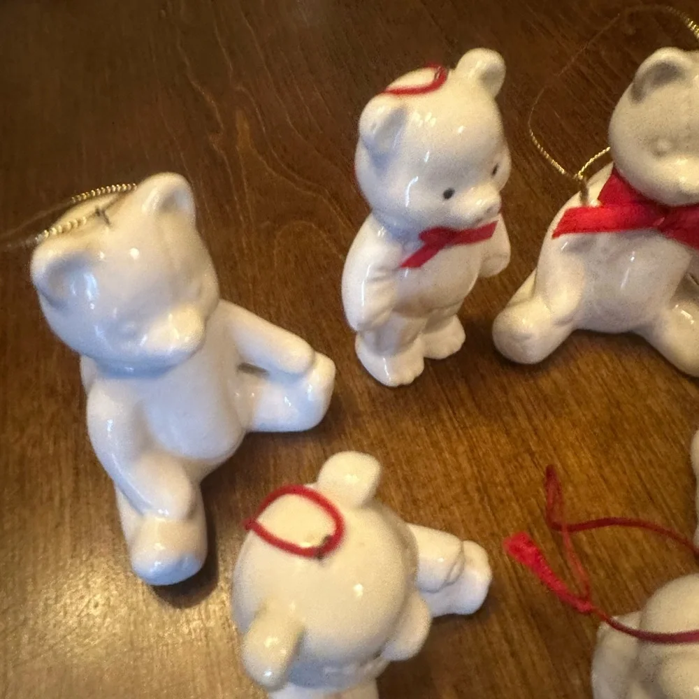 Vintage White Bear Ornament Set with Red Accents